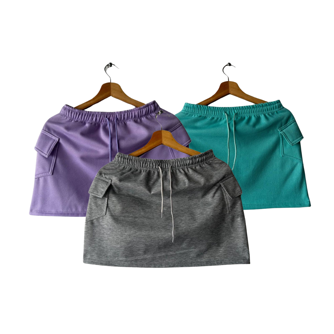 PACK 3 FALDAS BASICAS EN ALGODON (MORADO, VERDE MENTA, GRIS)